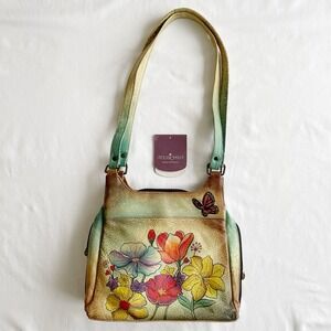 ANUSCHKA Handpainted Leather Floral Butterfly 7001 Satchel Shoulder Bag Purse